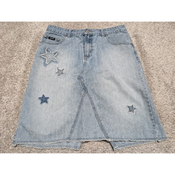 Squeeze Dresses & Skirts - Y2K Denim Skirt Womens 31W Blue Star Patch Distressed Midi Light Wash Squeeze